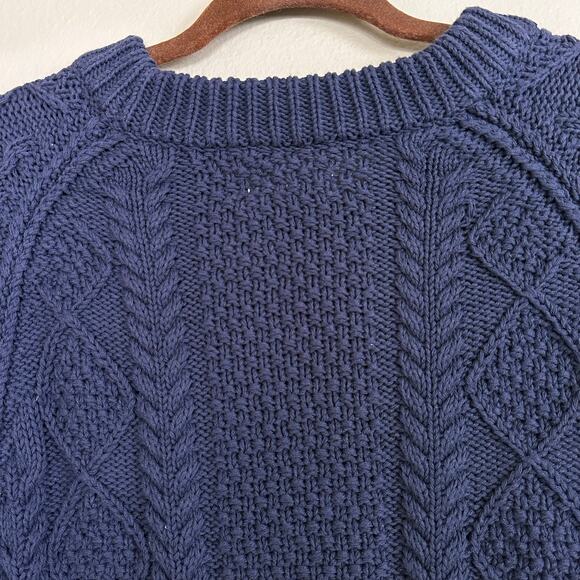 LLBean Signature Women L Cable Knit Fisherman Sweater Navy Blue Cotton - Picture 13 of 15